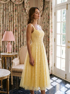 Daffodil Tulle A-Line Square Neck Back Zip Tea-Length Dress with Sequins - Curvevia