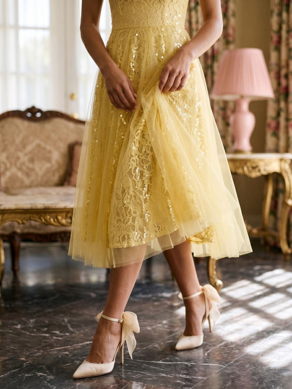 Daffodil Tulle A-Line Square Neck Back Zip Tea-Length Dress with Sequins - Curvevia