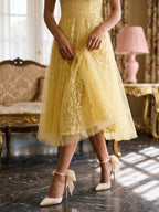 Daffodil Tulle A-Line Square Neck Back Zip Tea-Length Dress with Sequins - Curvevia