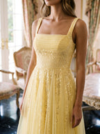 Daffodil Tulle A-Line Square Neck Back Zip Tea-Length Dress with Sequins - Curvevia