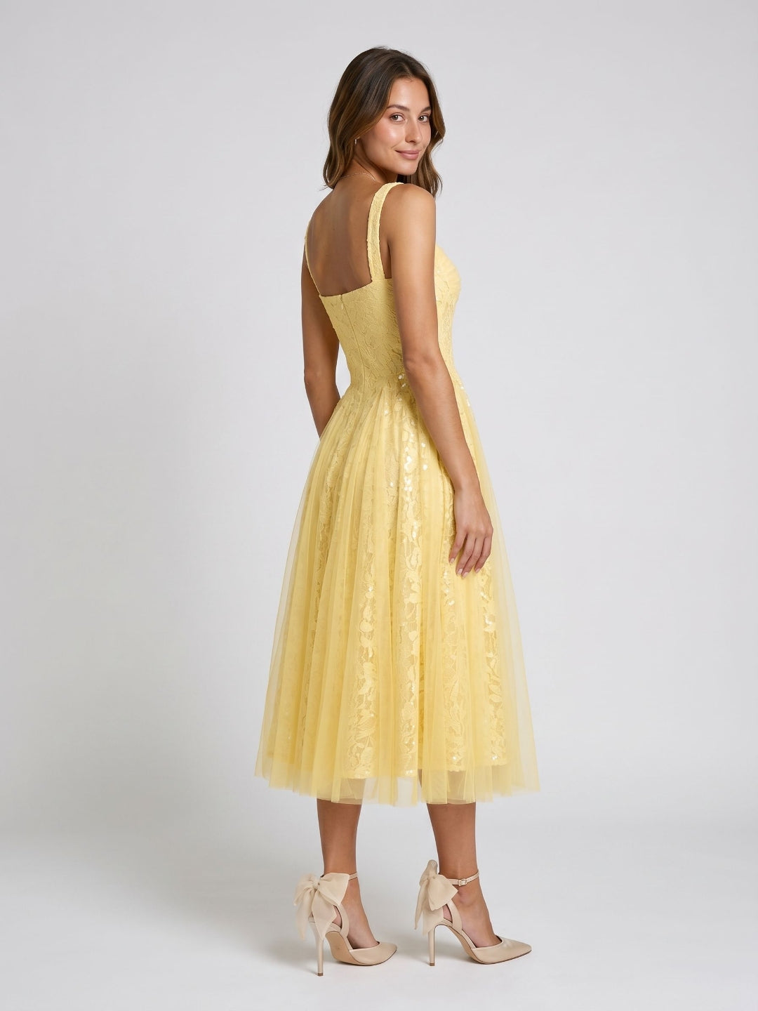 Daffodil Tulle A-Line Square Neck Back Zip Tea-Length Dress with Sequins - Curvevia