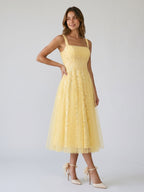 Daffodil Tulle A-Line Square Neck Back Zip Tea-Length Dress with Sequins - Curvevia