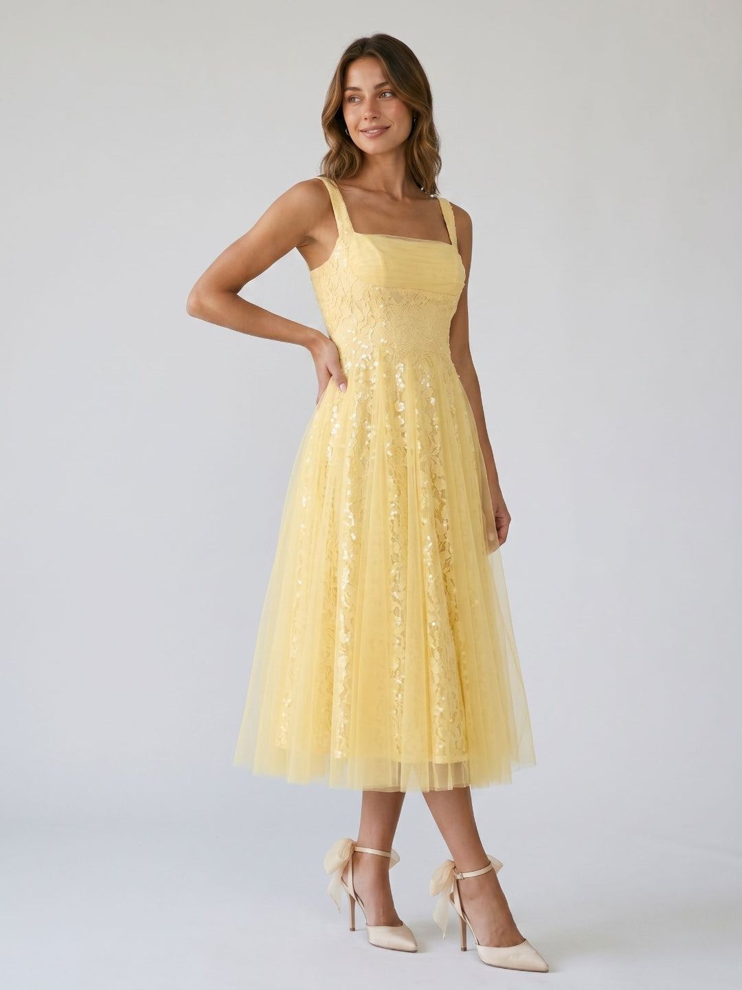 Daffodil Tulle A-Line Square Neck Back Zip Tea-Length Dress with Sequins - Curvevia