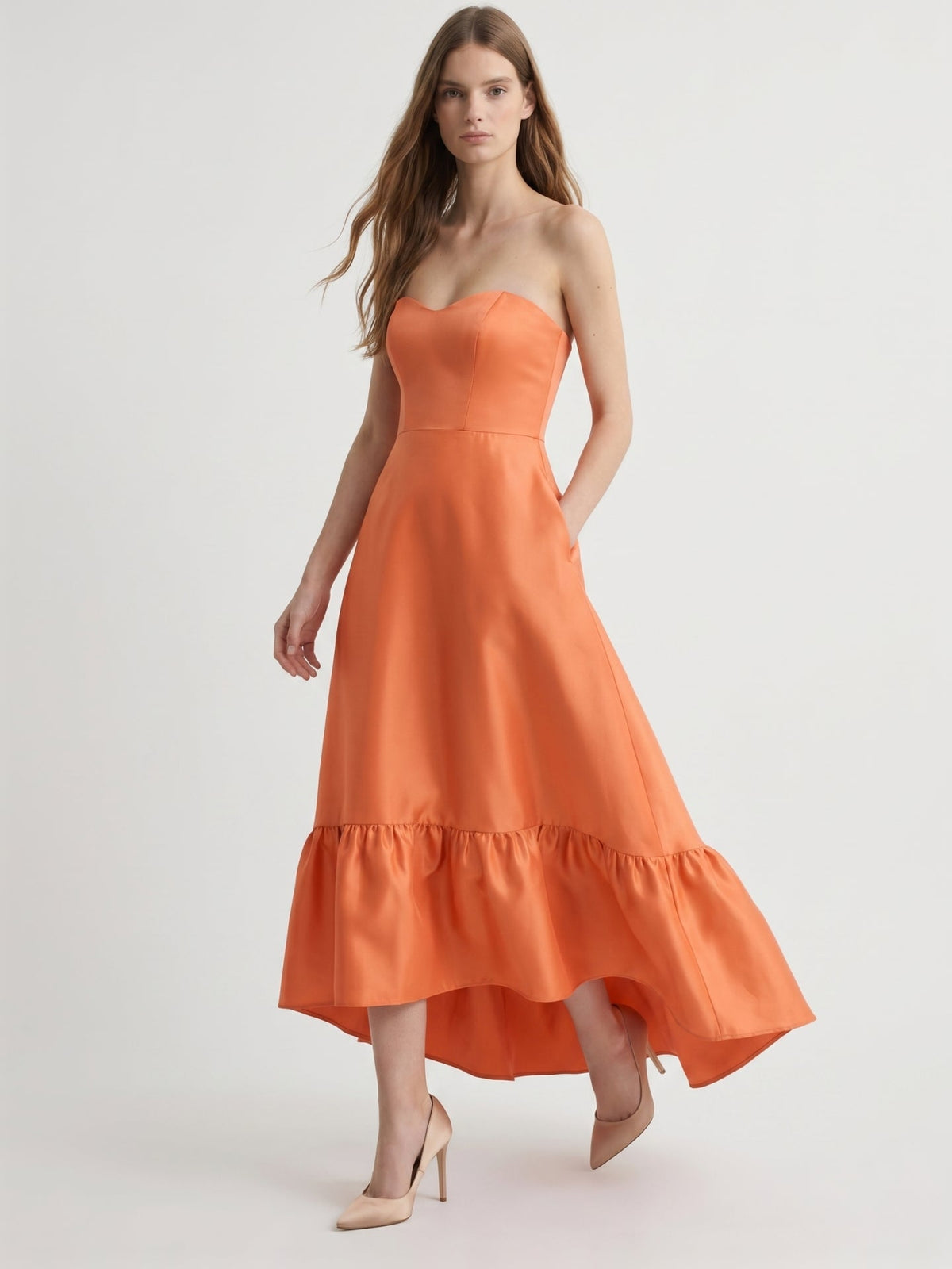 Daring Orange Satin A-Line Sweetheart Backless Asymmetrical Bridesmaid Dress with Ruffle - Curvevia