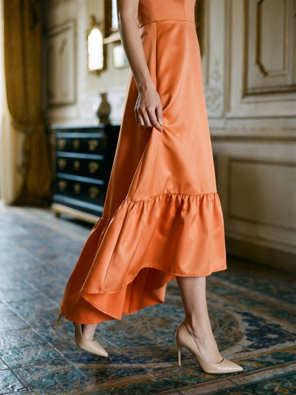 Daring Orange Satin A-Line Sweetheart Backless Asymmetrical Bridesmaid Dress with Ruffle - Curvevia