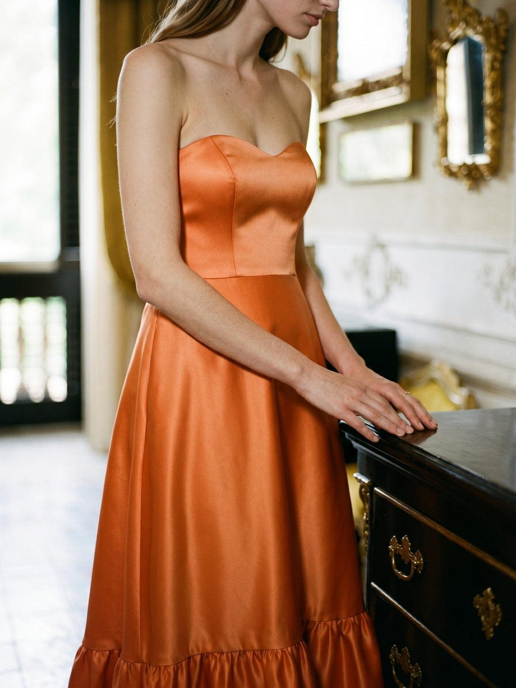 Daring Orange Satin A-Line Sweetheart Backless Asymmetrical Bridesmaid Dress with Ruffle - Curvevia