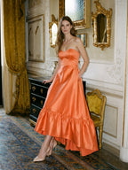 Daring Orange Satin A-Line Sweetheart Backless Asymmetrical Bridesmaid Dress with Ruffle - Curvevia