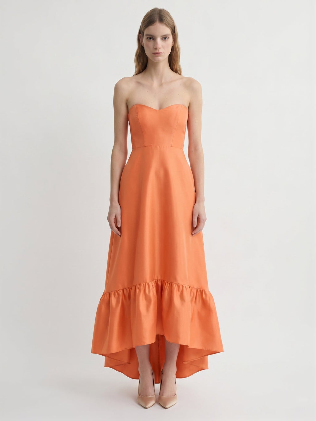 Daring Orange Satin A-Line Sweetheart Backless Asymmetrical Bridesmaid Dress with Ruffle - Curvevia