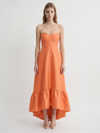 Daring Orange Satin A-Line Sweetheart Backless Asymmetrical Bridesmaid Dress with Ruffle - Curvevia