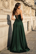 A Line Black Strapless Satin Evening Dress With Slit - Curvevia