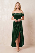 Off-the-Shoulder Sheath Velvet Midi Bridesmaid Dress in Dark Green - Curvevia