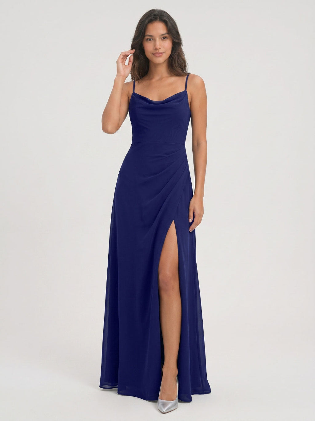 Dark Navy Chiffon A-Line Cowl Neck Back Zip Floor-Length Bridesmaid Dress with Pleating - Curvevia
