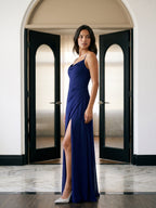 Dark Navy Chiffon A-Line Cowl Neck Back Zip Floor-Length Bridesmaid Dress with Pleating - Curvevia