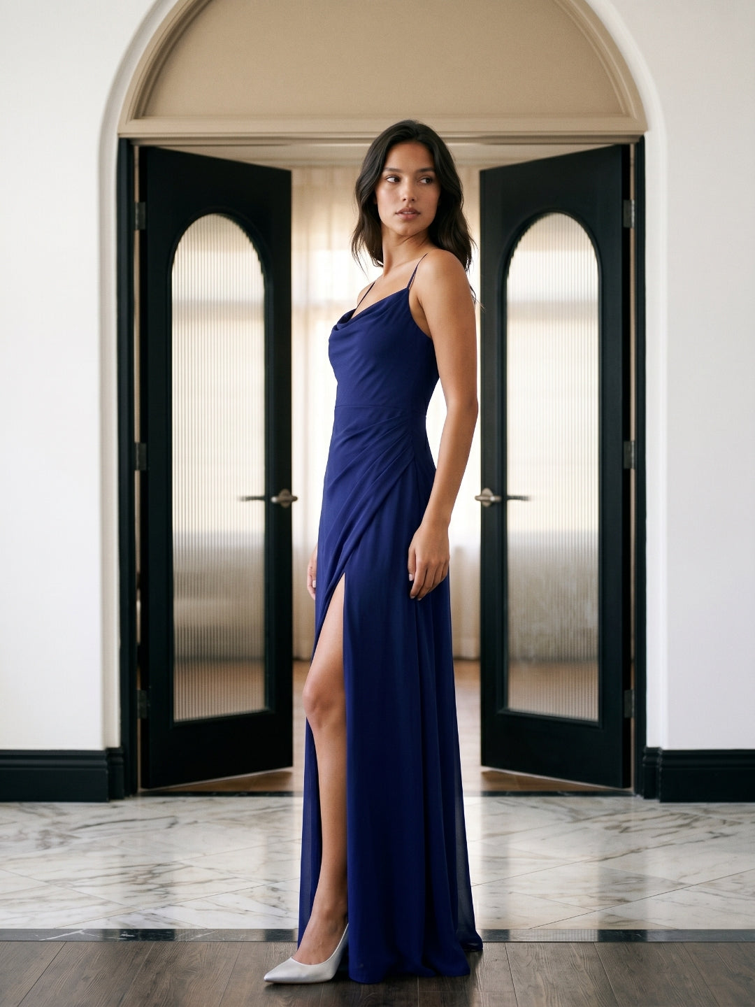 Dark Navy Chiffon A-Line Cowl Neck Back Zip Floor-Length Bridesmaid Dress with Pleating - Curvevia