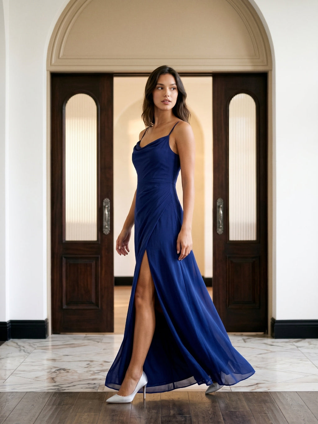 Dark Navy Chiffon A-Line Cowl Neck Back Zip Floor-Length Bridesmaid Dress with Pleating - Curvevia