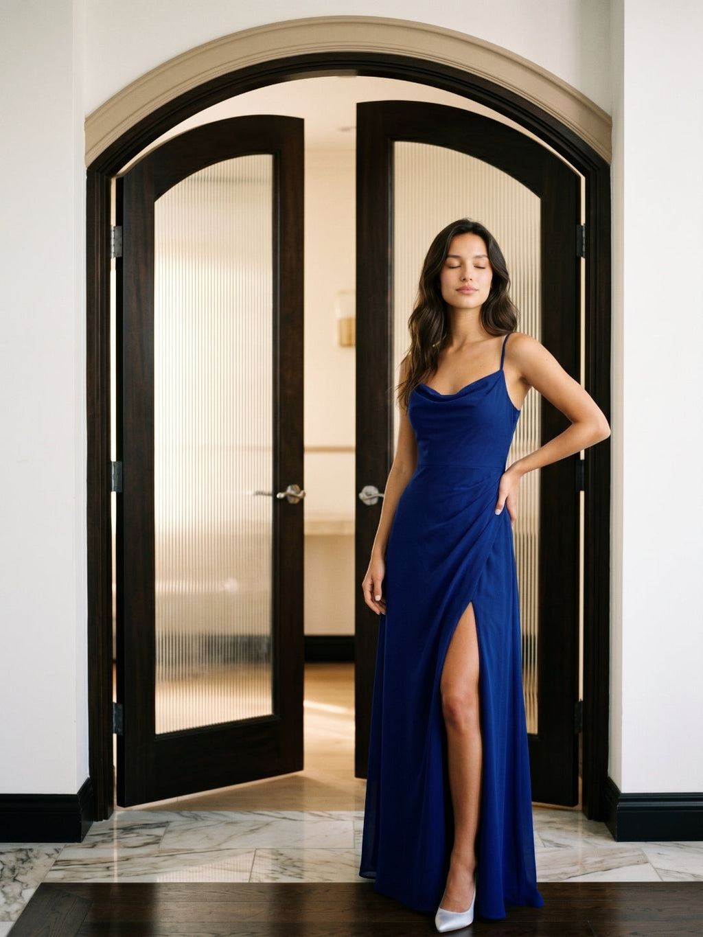 Dark Navy Chiffon A-Line Cowl Neck Back Zip Floor-Length Bridesmaid Dress with Pleating - Curvevia