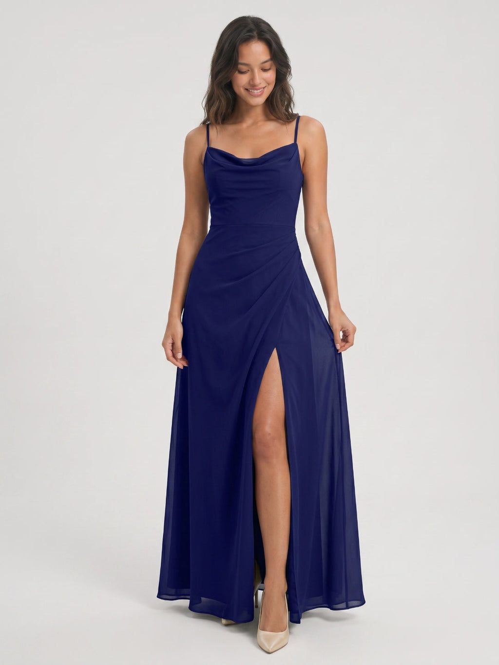Dark Navy Chiffon A-Line Cowl Neck Back Zip Floor-Length Bridesmaid Dress with Pleating - Curvevia
