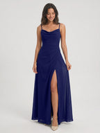 Dark Navy Chiffon A-Line Cowl Neck Back Zip Floor-Length Bridesmaid Dress with Pleating - Curvevia