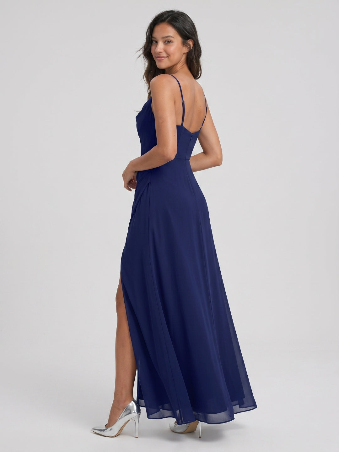 Dark Navy Chiffon A-Line Cowl Neck Back Zip Floor-Length Bridesmaid Dress with Pleating - Curvevia