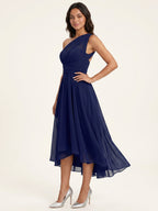 Dark Navy Chiffon A-Line One Shoulder Back Zip Tea-Length Bridesmaid Dress - Curvevia