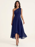 Dark Navy Chiffon A-Line One Shoulder Back Zip Tea-Length Bridesmaid Dress - Curvevia