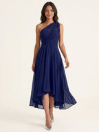 Dark Navy Chiffon A-Line One Shoulder Back Zip Tea-Length Bridesmaid Dress - Curvevia