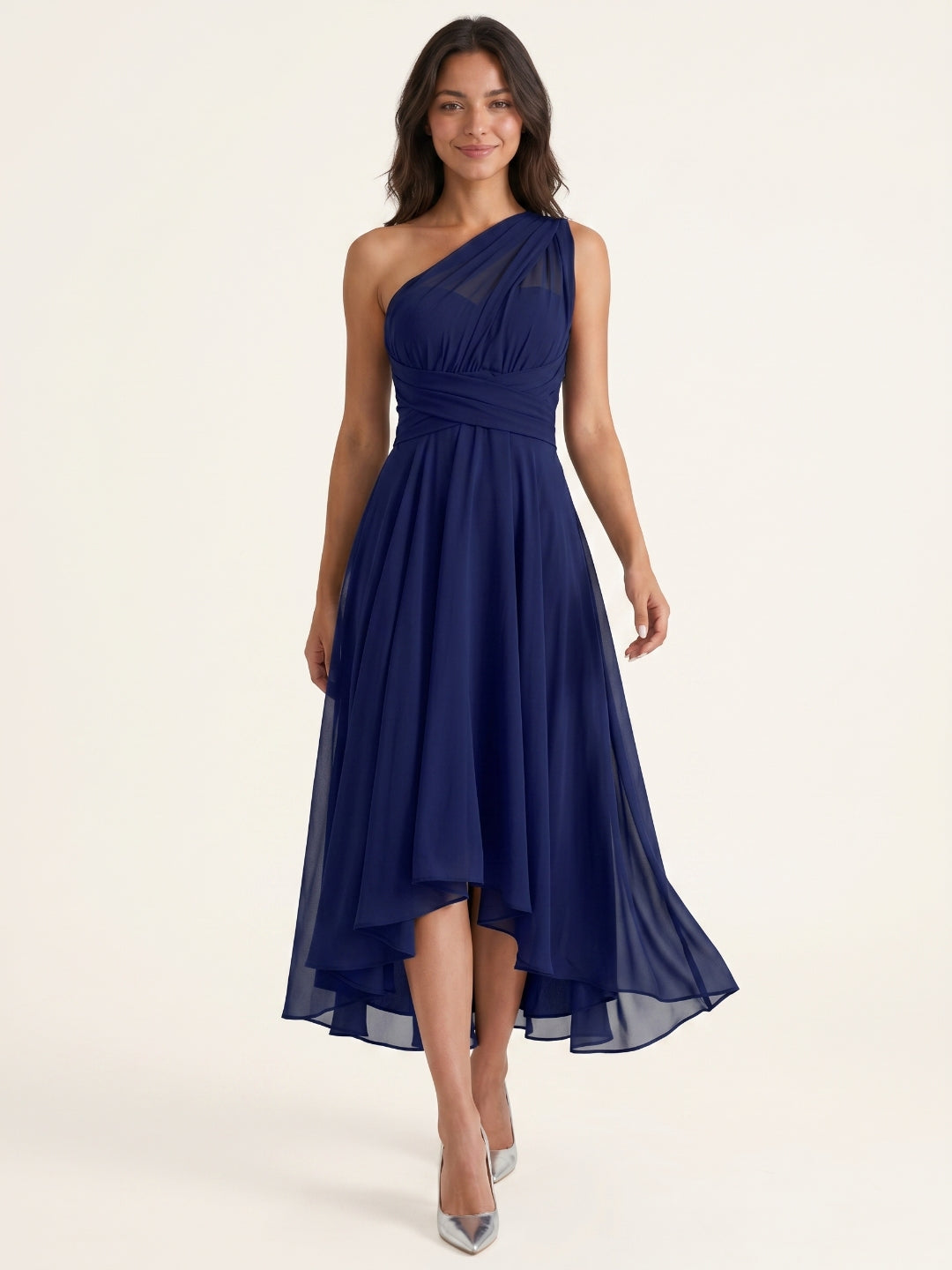 Dark Navy Chiffon A-Line One Shoulder Back Zip Tea-Length Bridesmaid Dress - Curvevia