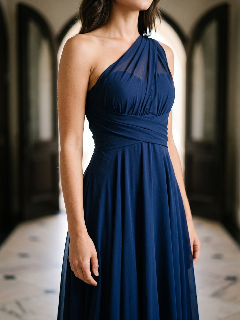 Dark Navy Chiffon A-Line One Shoulder Back Zip Tea-Length Bridesmaid Dress - Curvevia