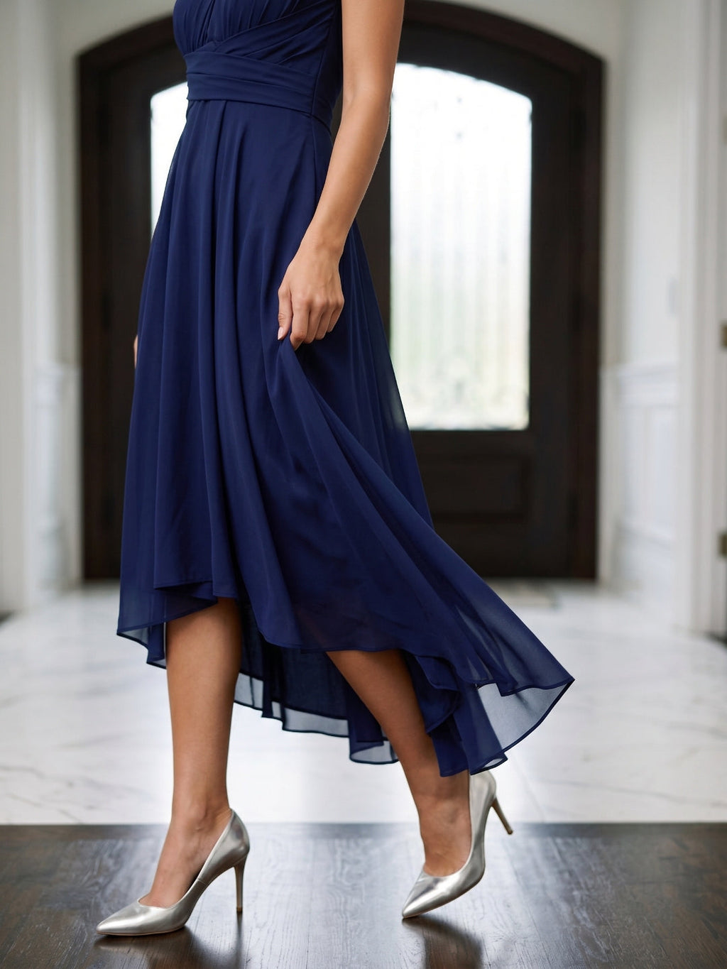 Dark Navy Chiffon A-Line One Shoulder Back Zip Tea-Length Bridesmaid Dress - Curvevia