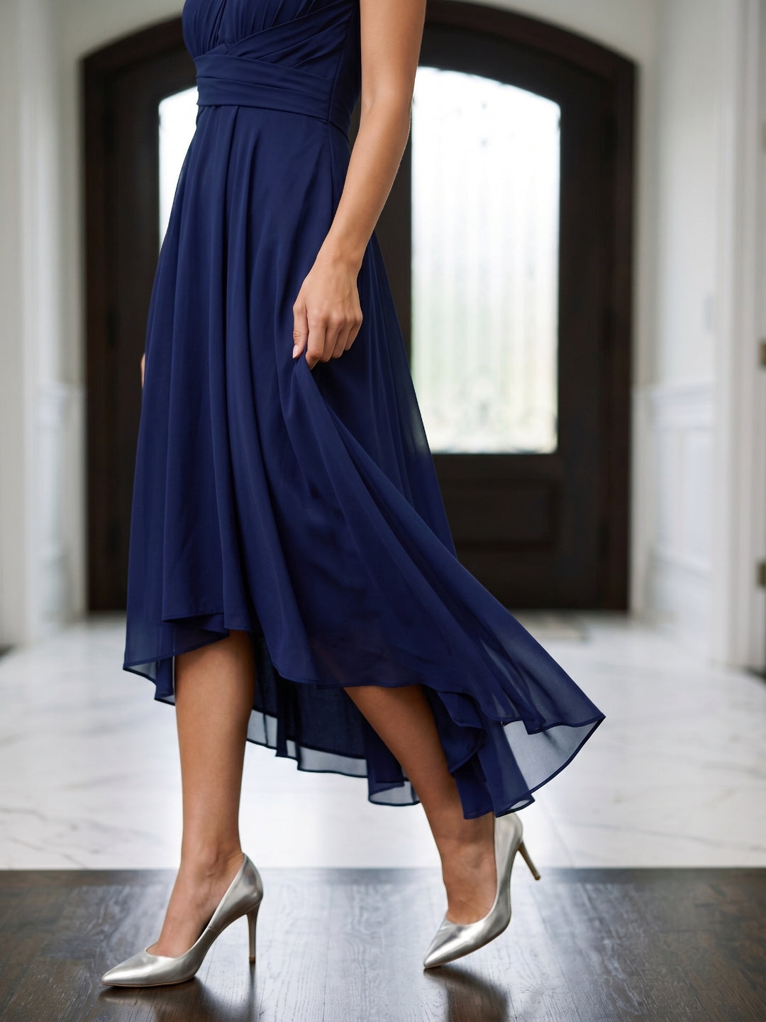 Dark Navy Chiffon A-Line One Shoulder Back Zip Tea-Length Bridesmaid Dress - Curvevia