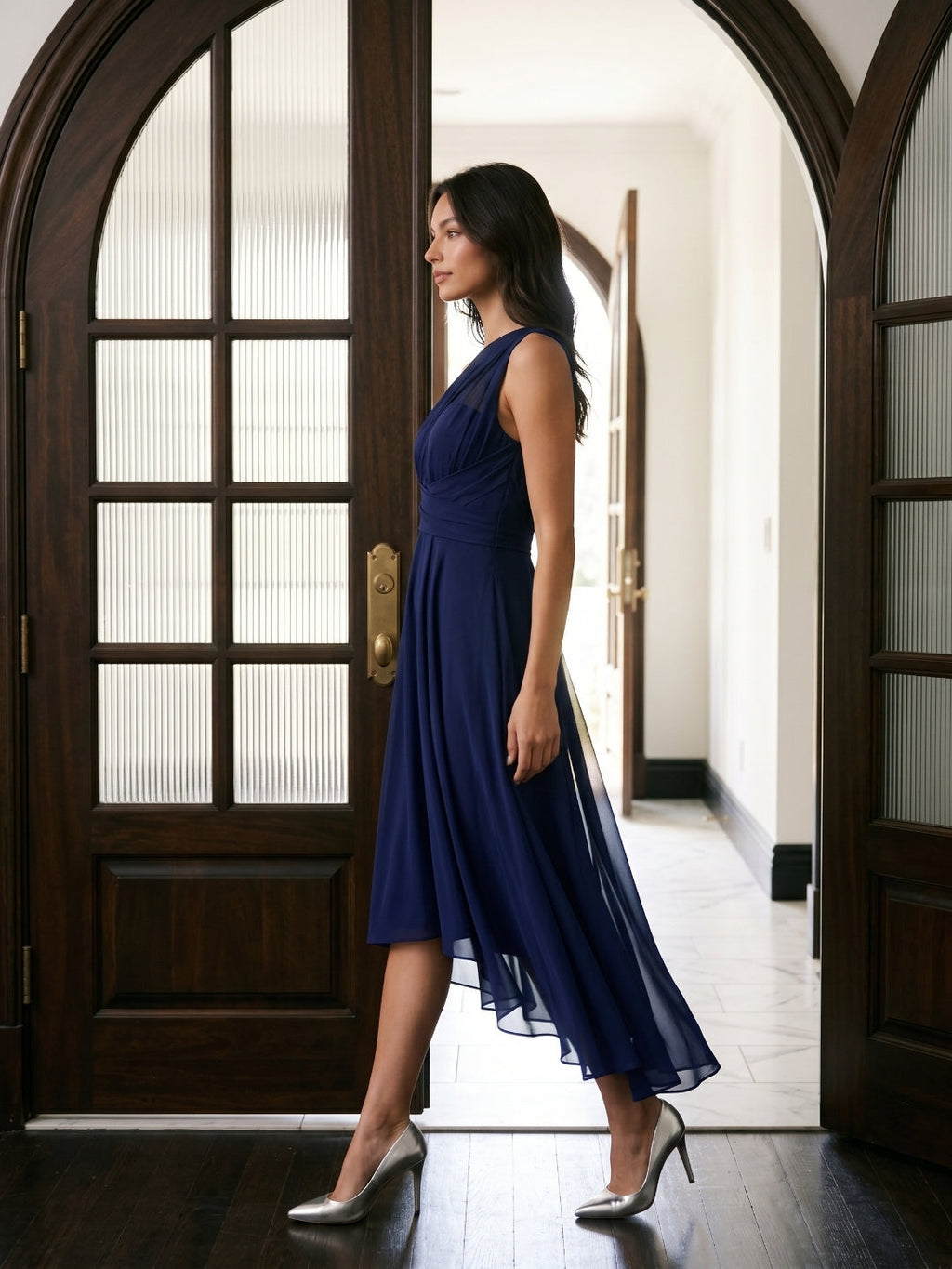 Dark Navy Chiffon A-Line One Shoulder Back Zip Tea-Length Bridesmaid Dress - Curvevia