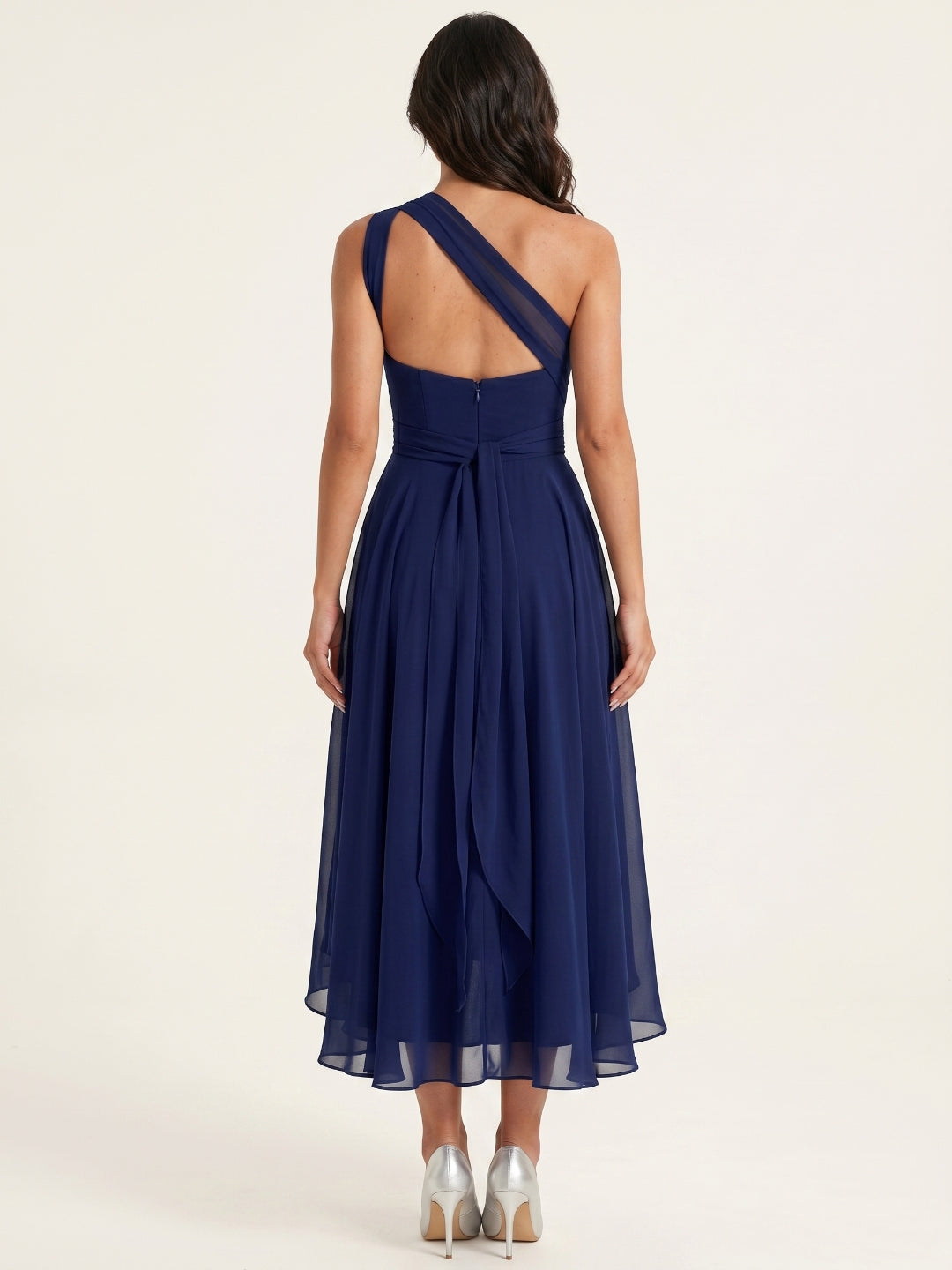 Dark Navy Chiffon A-Line One Shoulder Back Zip Tea-Length Bridesmaid Dress - Curvevia