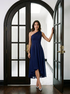 Dark Navy Chiffon A-Line One Shoulder Back Zip Tea-Length Bridesmaid Dress - Curvevia
