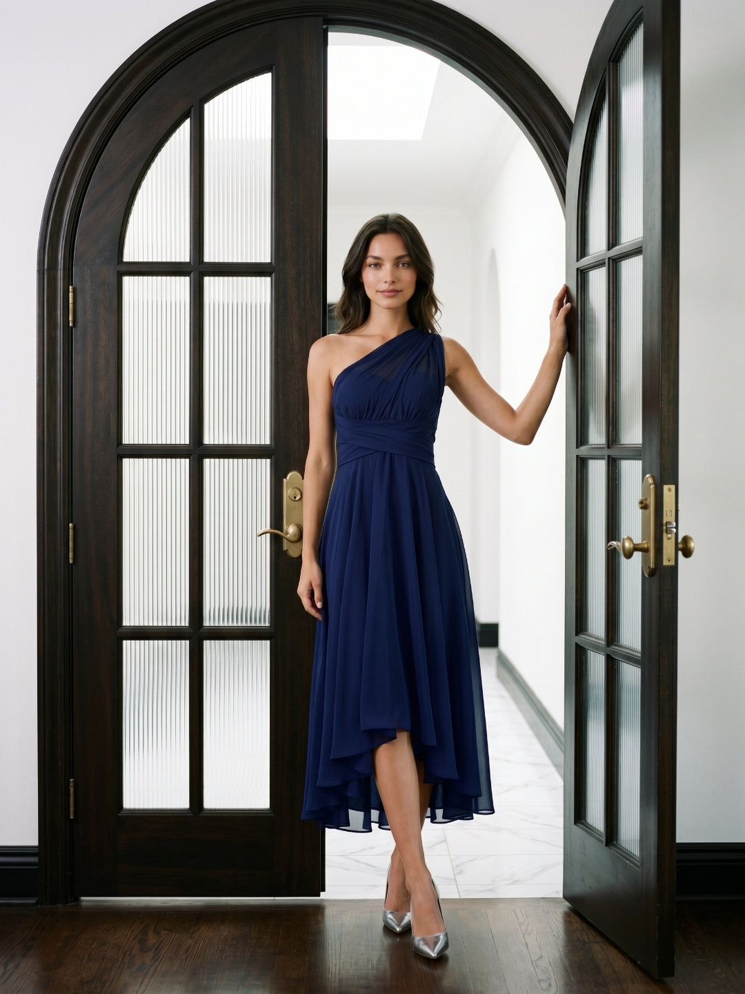 Dark Navy Chiffon A-Line One Shoulder Back Zip Tea-Length Bridesmaid Dress - Curvevia