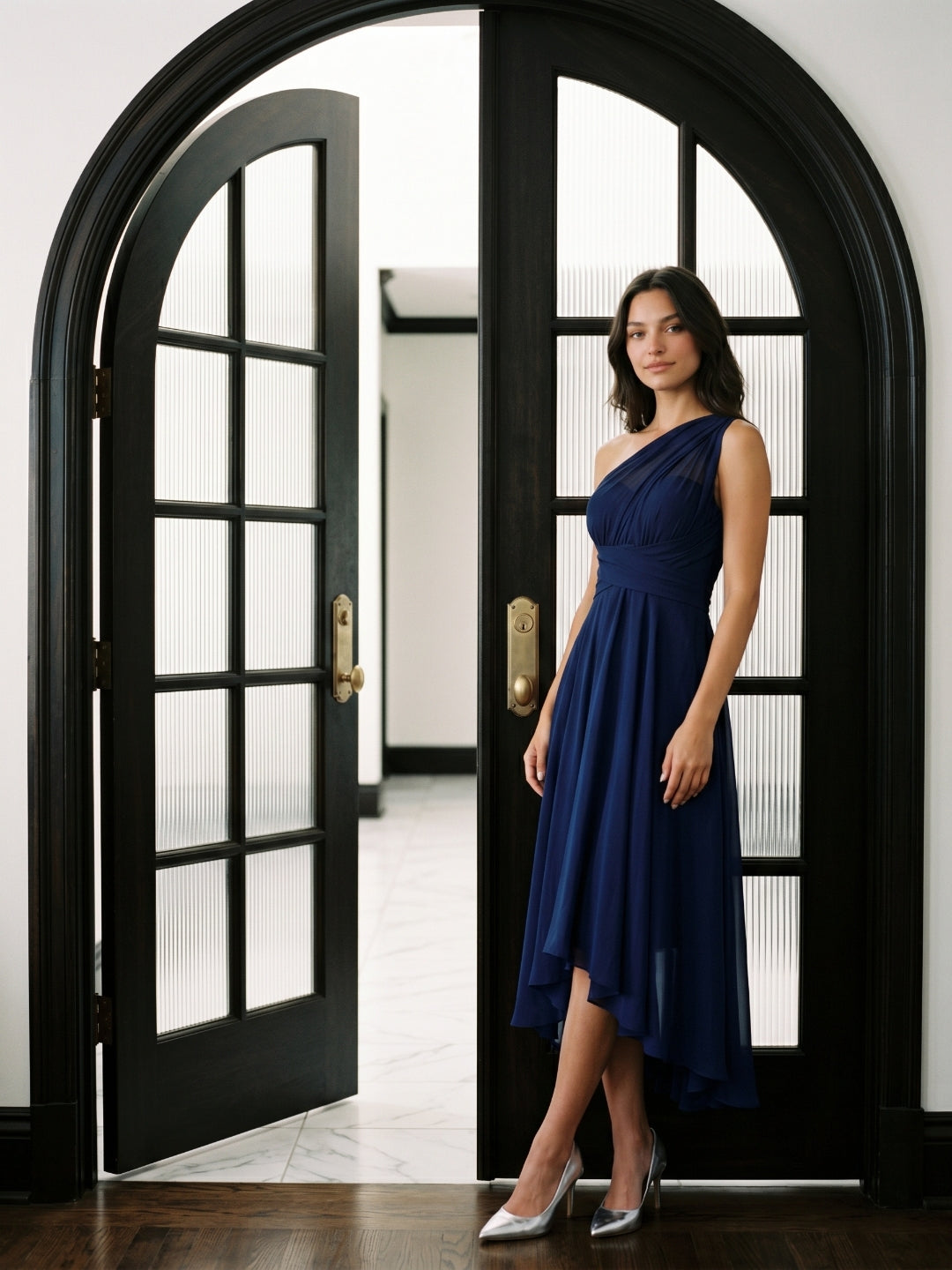 Dark Navy Chiffon A-Line One Shoulder Back Zip Tea-Length Bridesmaid Dress - Curvevia