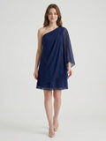 Dark Navy Chiffon A-Line One Shoulder Side Zip Knee-Length Ruffle Bridesmaid Dress - Curvevia