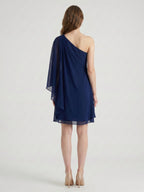 Dark Navy Chiffon A-Line One Shoulder Side Zip Knee-Length Ruffle Bridesmaid Dress - Curvevia