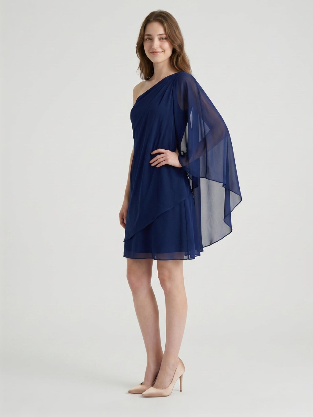 Dark Navy Chiffon A-Line One Shoulder Side Zip Knee-Length Ruffle Bridesmaid Dress - Curvevia