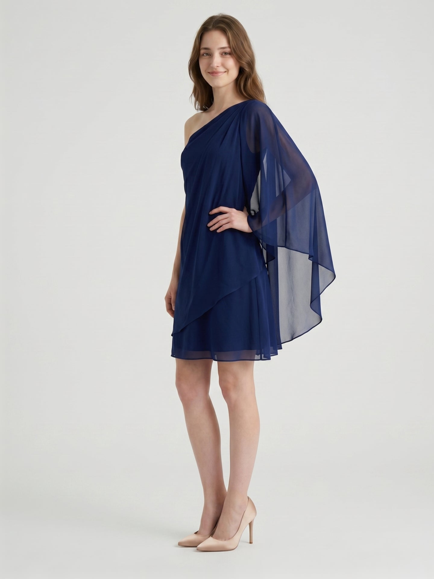 Dark Navy Chiffon A-Line One Shoulder Side Zip Knee-Length Ruffle Bridesmaid Dress - Curvevia