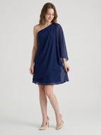 Dark Navy Chiffon A-Line One Shoulder Side Zip Knee-Length Ruffle Bridesmaid Dress - Curvevia