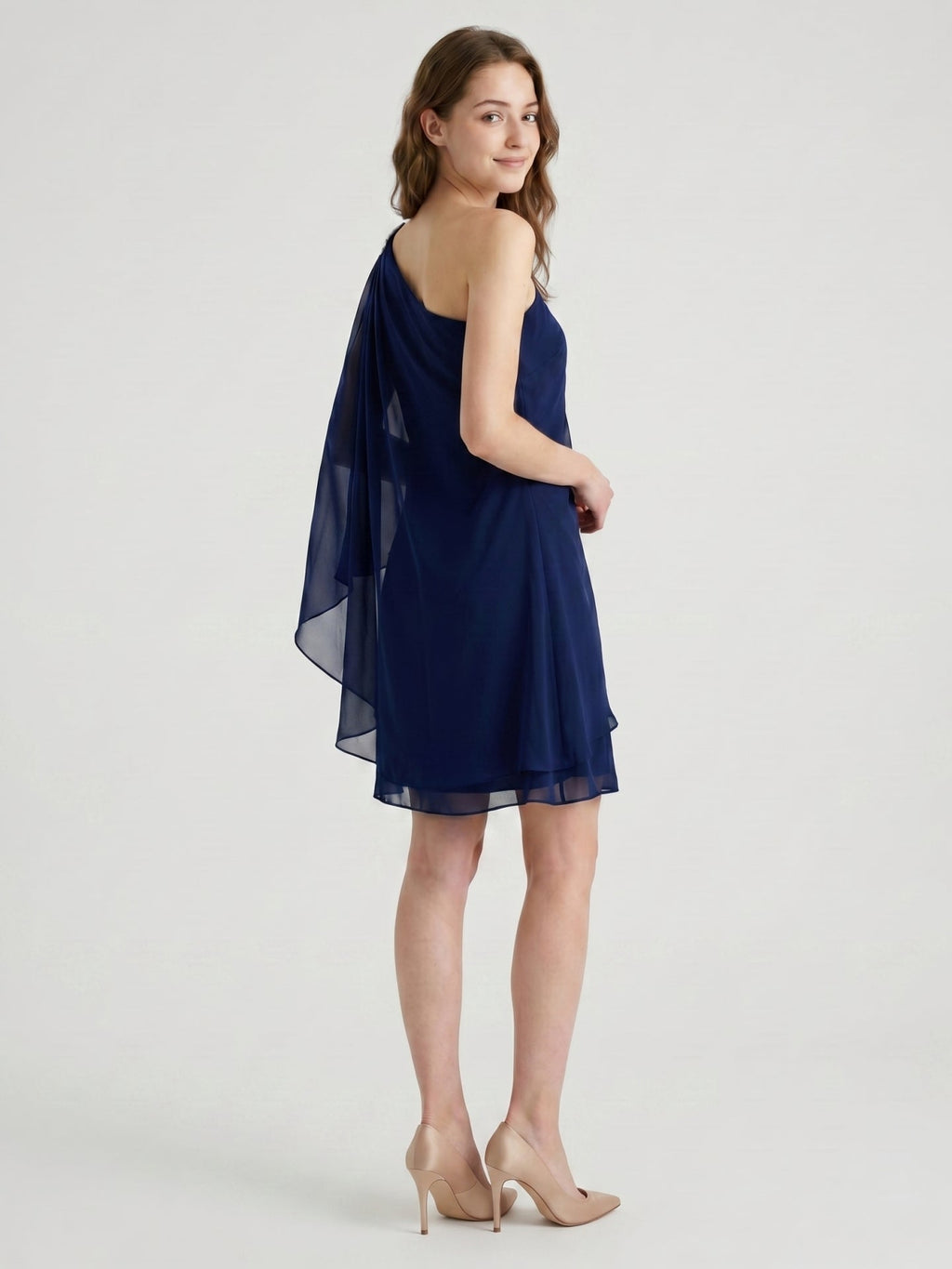 Dark Navy Chiffon A-Line One Shoulder Side Zip Knee-Length Ruffle Bridesmaid Dress - Curvevia