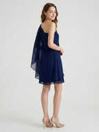 Dark Navy Chiffon A-Line One Shoulder Side Zip Knee-Length Ruffle Bridesmaid Dress - Curvevia