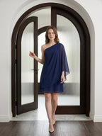 Dark Navy Chiffon A-Line One Shoulder Side Zip Knee-Length Ruffle Bridesmaid Dress - Curvevia