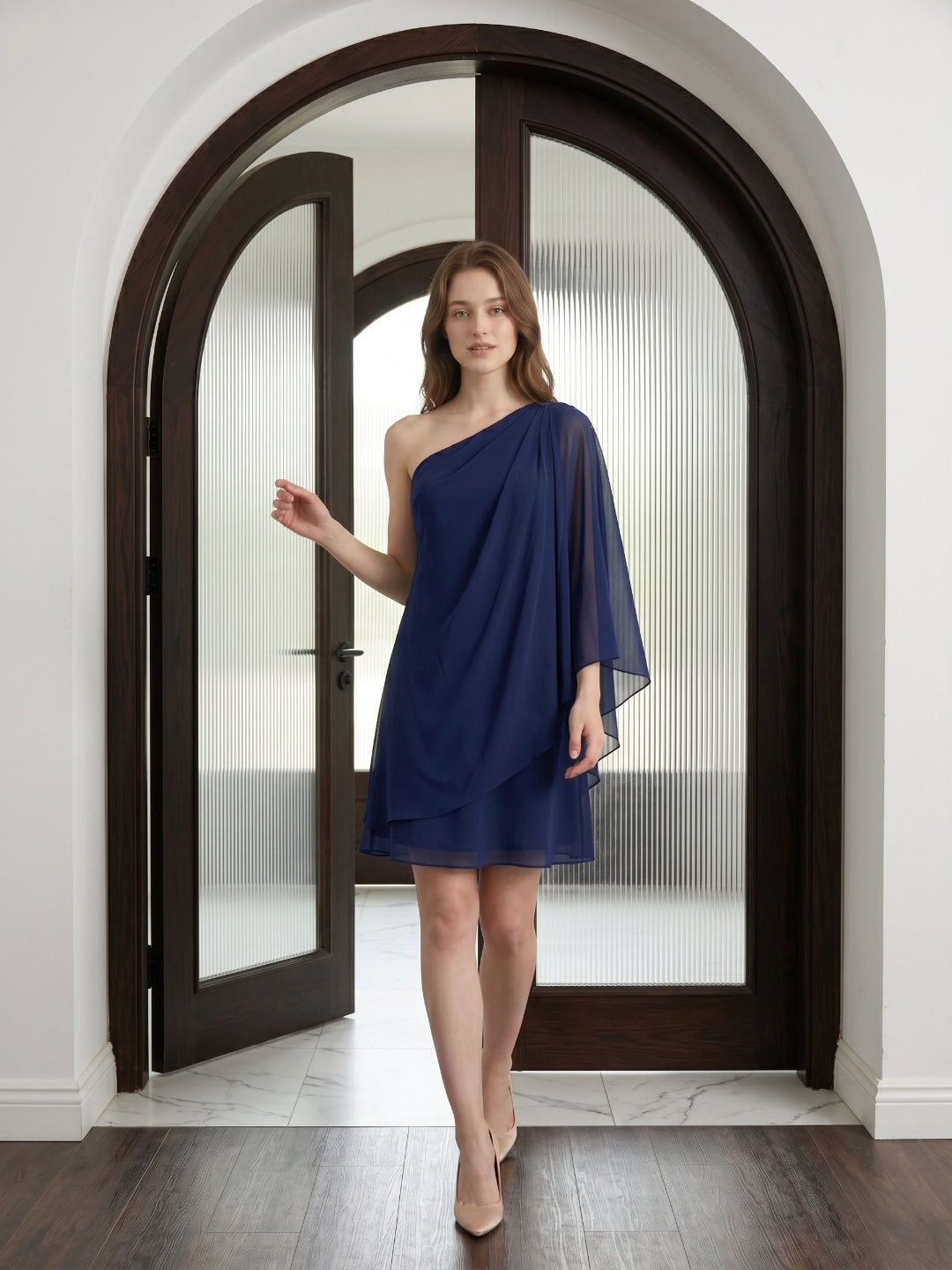 Dark Navy Chiffon A-Line One Shoulder Side Zip Knee-Length Ruffle Bridesmaid Dress - Curvevia