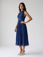 Dark Navy Chiffon A-Line Scoop Neck Tea-Length Dress with Pleating - Curvevia