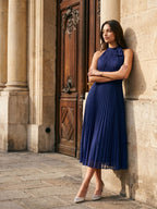 Dark Navy Chiffon A-Line Scoop Neck Tea-Length Dress with Pleating - Curvevia
