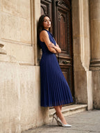 Dark Navy Chiffon A-Line Scoop Neck Tea-Length Dress with Pleating - Curvevia