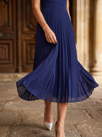 Dark Navy Chiffon A-Line Scoop Neck Tea-Length Dress with Pleating - Curvevia
