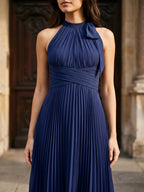 Dark Navy Chiffon A-Line Scoop Neck Tea-Length Dress with Pleating - Curvevia