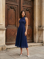 Dark Navy Chiffon A-Line Scoop Neck Tea-Length Dress with Pleating - Curvevia
